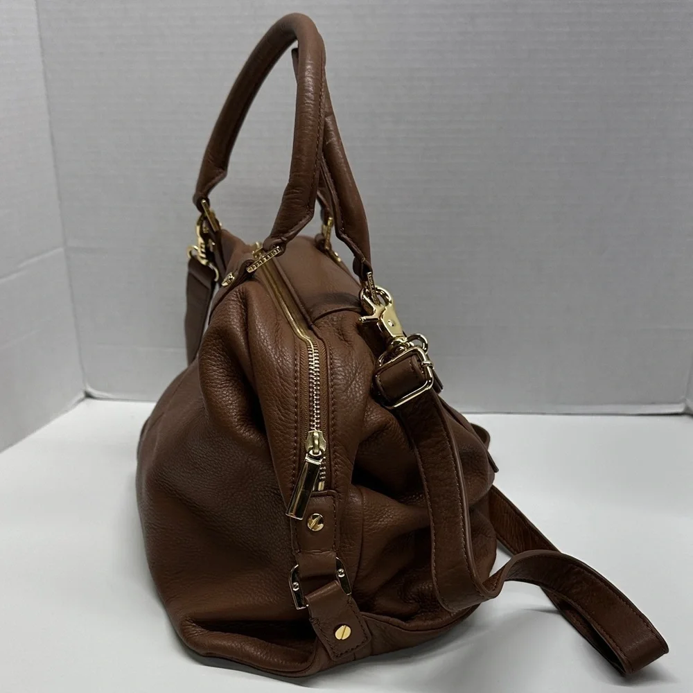 Tory Burch Amanda Satchel Purse Leather Handbag Crossbody Bag Tan Brown Gold